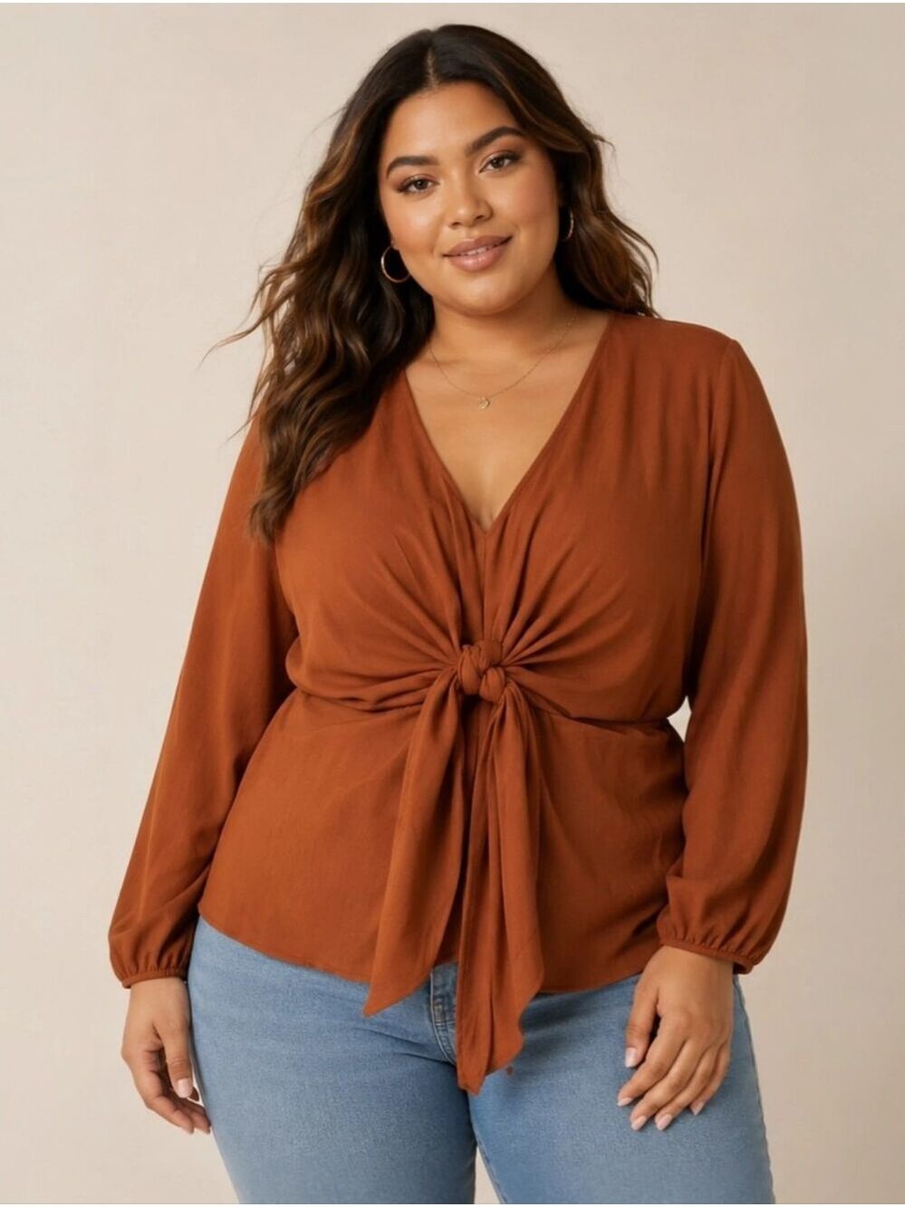 Forever 21 Brown V-Neck Knot Front Blouse Long Sleeve Top 0X